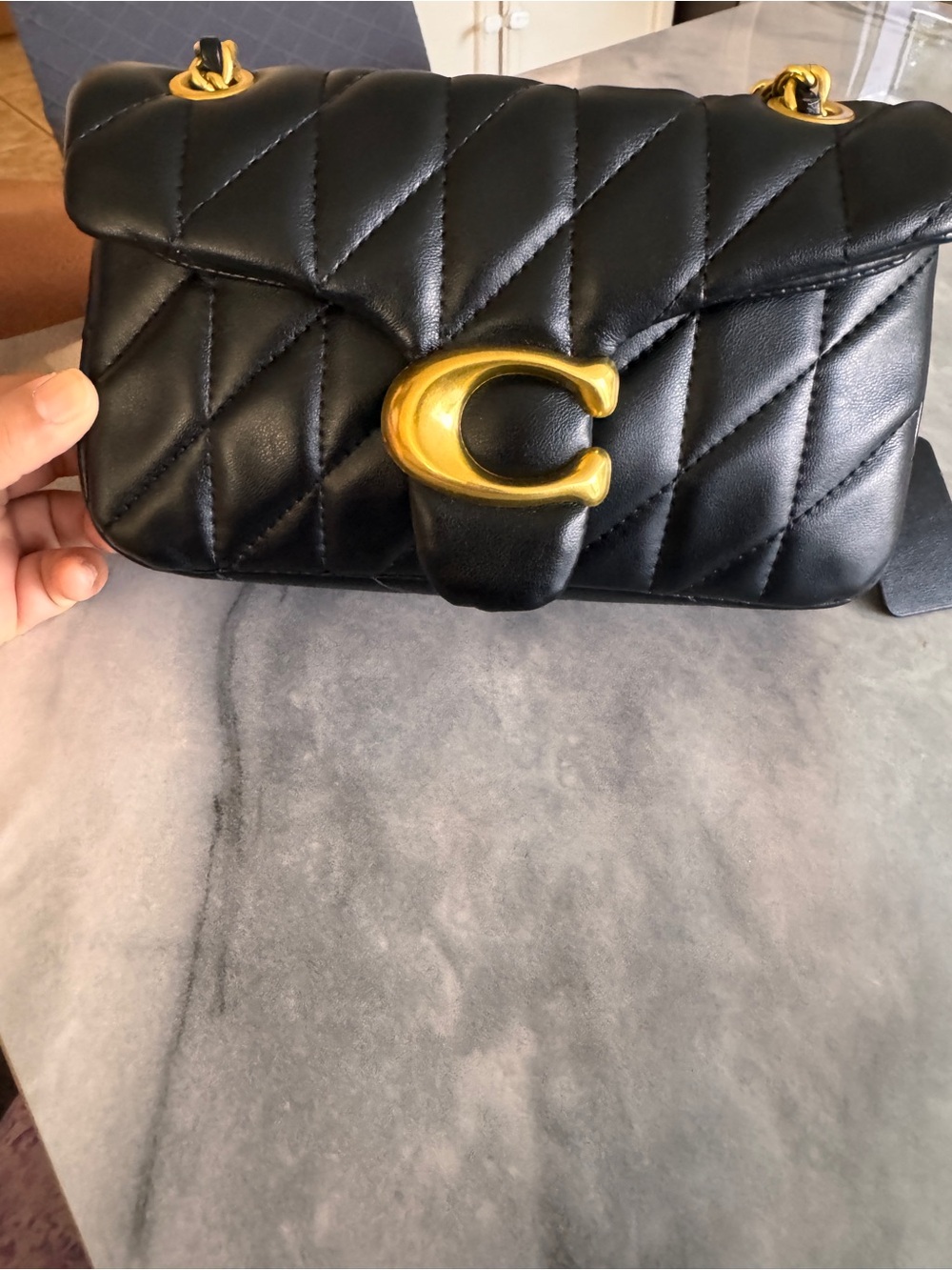 Black Quilted Shoulder Bag with Gold 'C' Accent